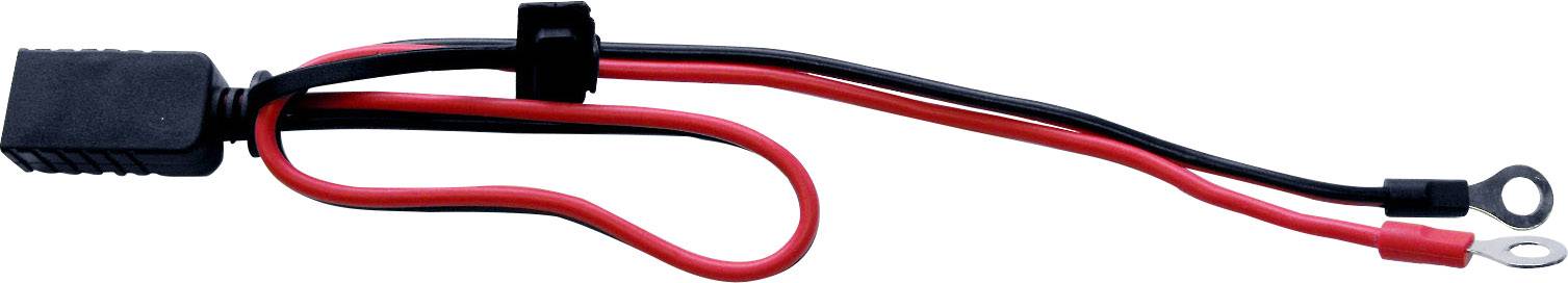 A red and black cable with a plug and two ring terminals. Suitable for electrical connections in devices or vehicles.