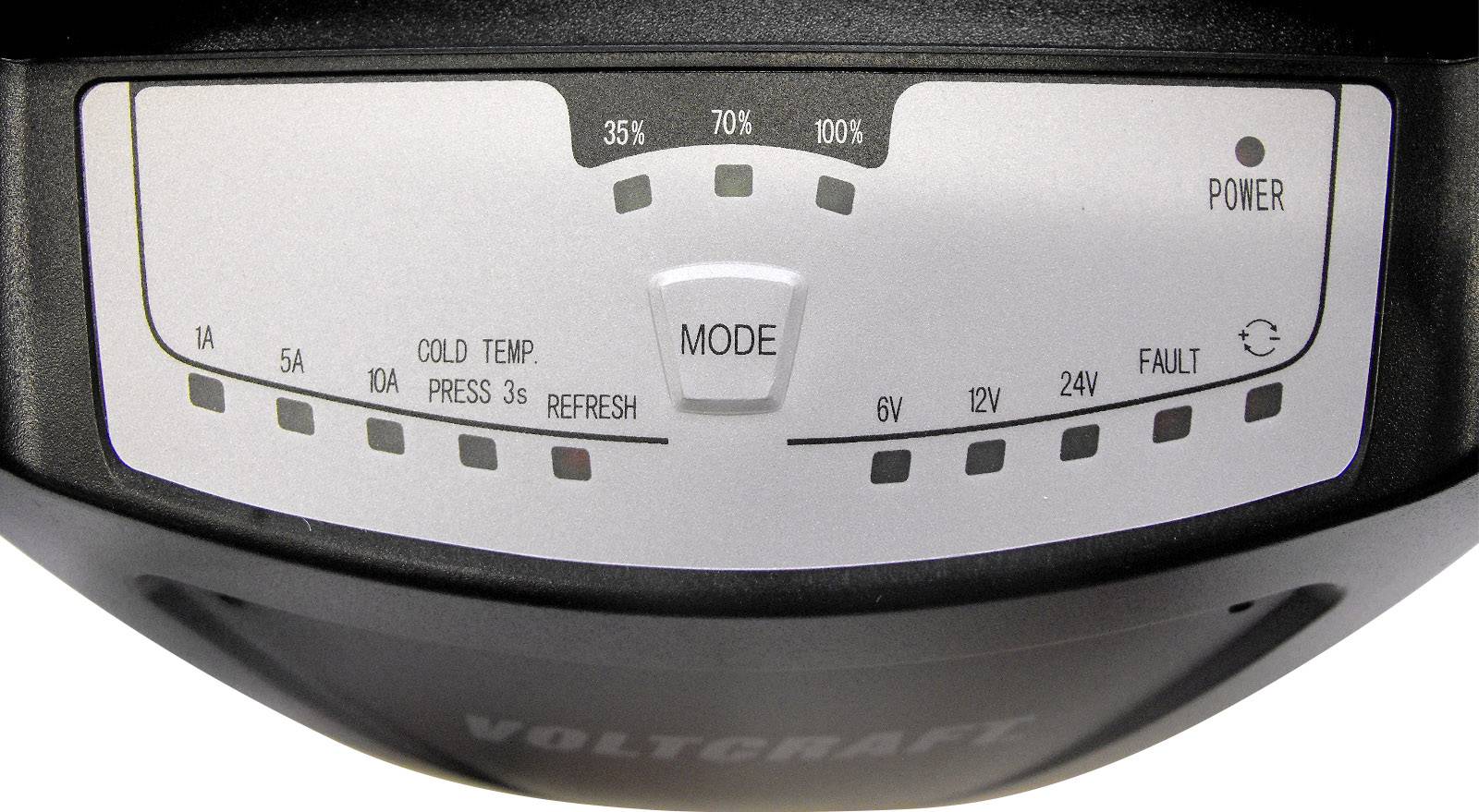 A charger with display for charging states (35%, 70%, 100%), modes (6V, 12V, 24V) and status indicators for power and errors.