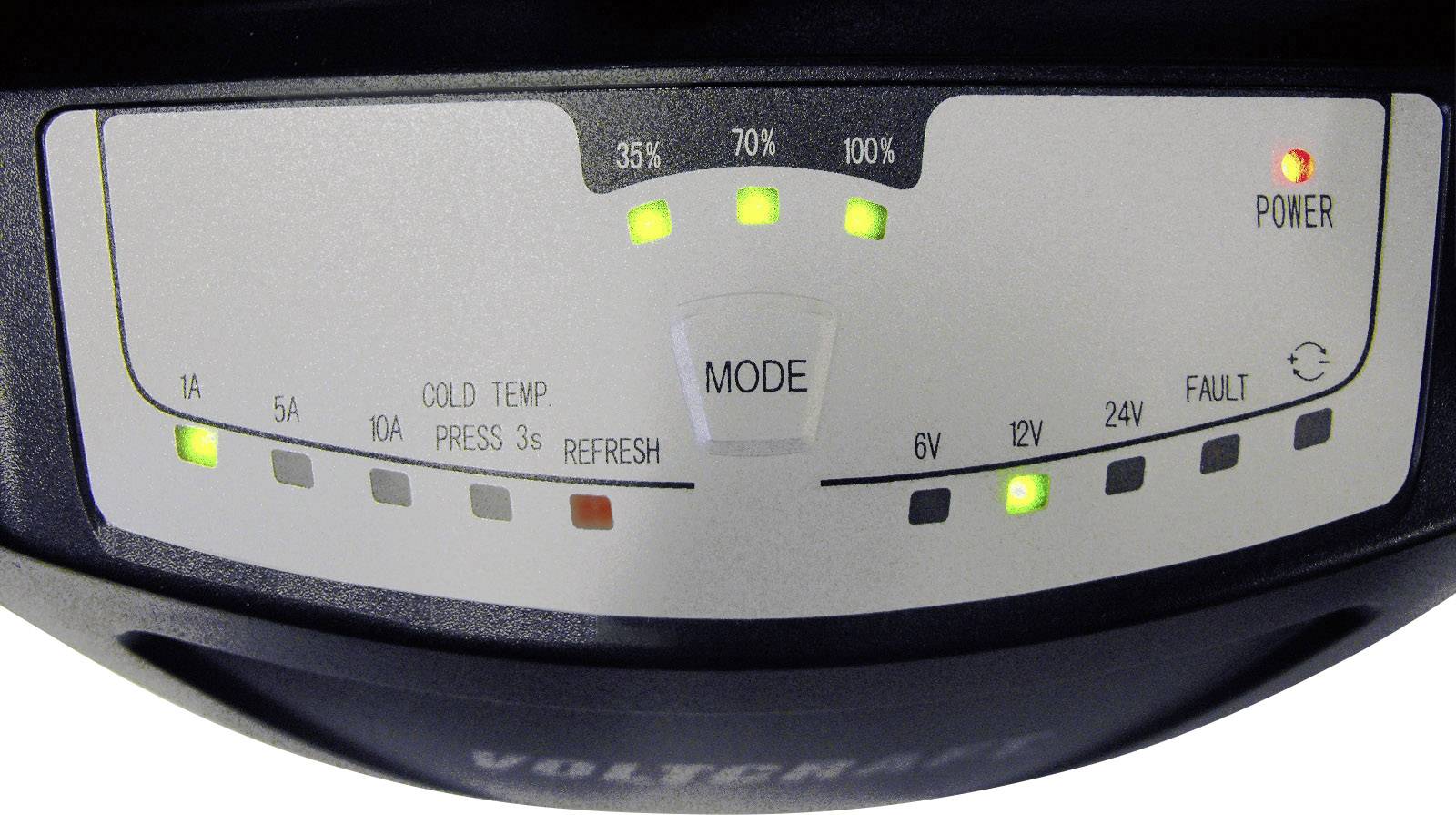 Control panel of a charger with indicator lights for charge level (35%, 70%, 100%), mode and power. Buttons for various modes and voltage adjustment.
