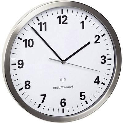 Analogue wall clock with metal frame, white dial, black numerals and hands, showing 10:09. Text: 'Radio Controlled'.