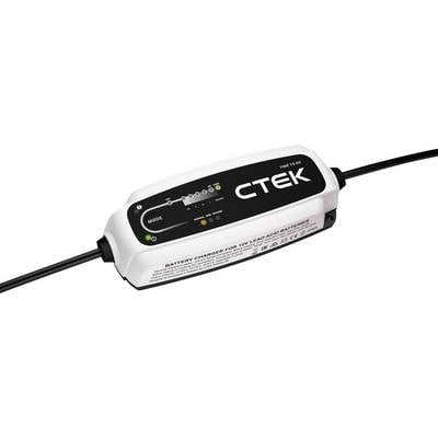 A white and black CTEK battery charger, TIME TO GO model, displays a progress bar for charging status and mode indicators.