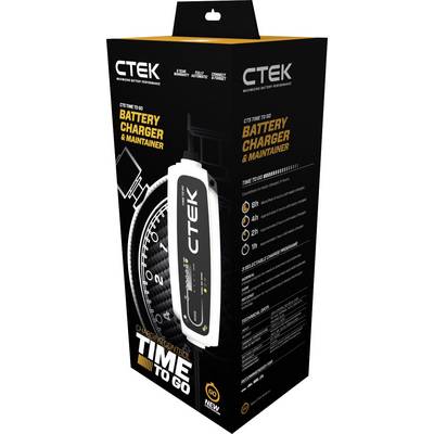 CTEK packaging for a battery charger with time display, text reading 'Battery Charger & Maintainer'. Main features and times printed.