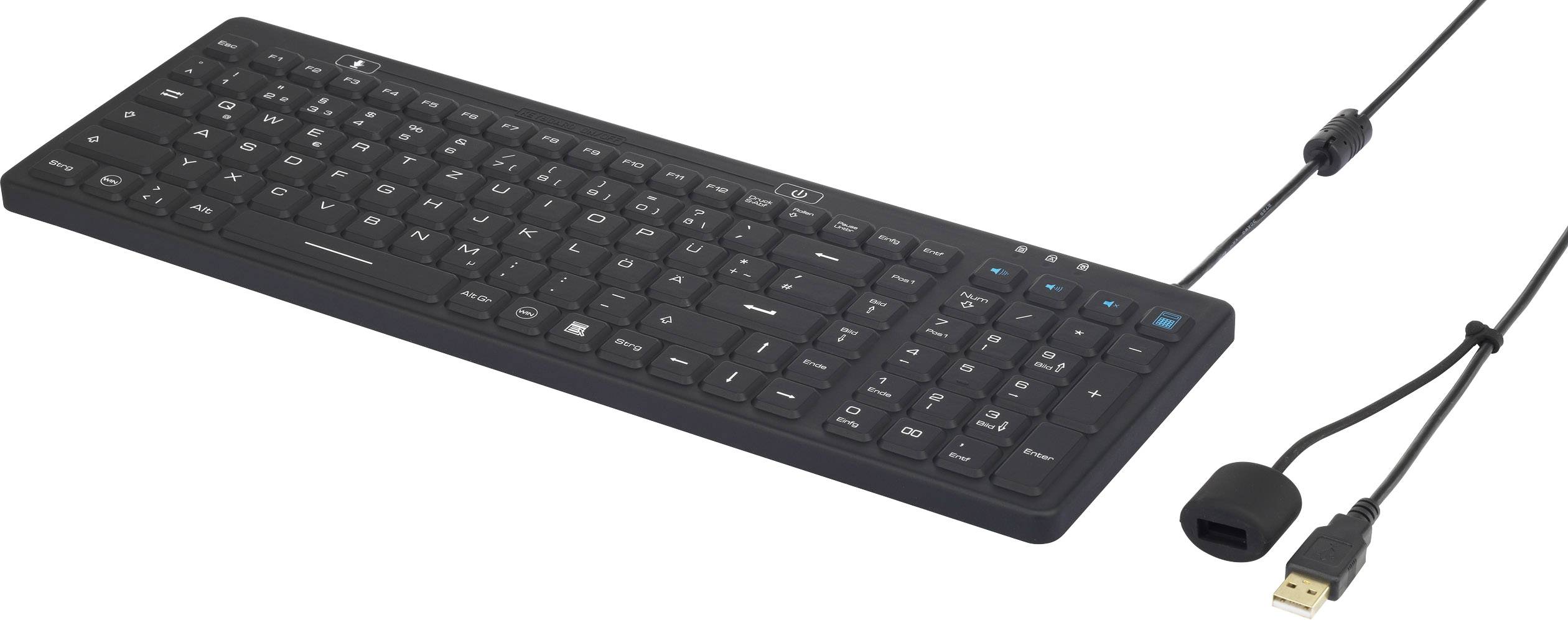 A black, wired keyboard with a numeric keypad and USB connection. Suitable for desktop computers.