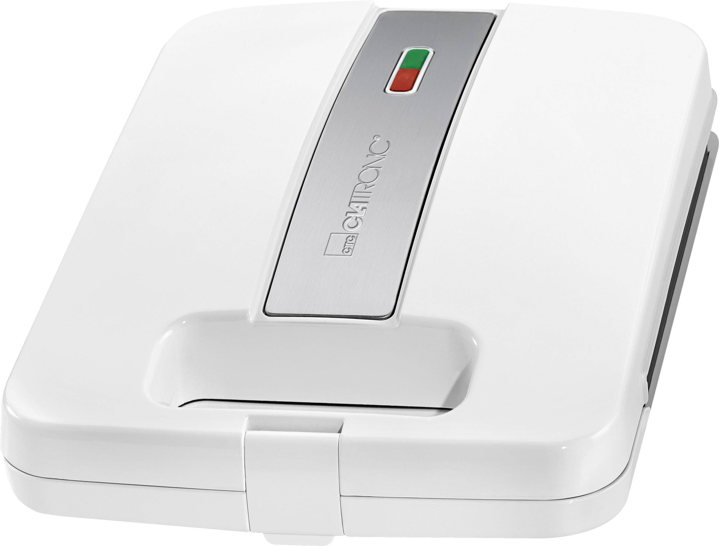 A white sandwich toaster with two indicator lights, one green and one red, and a central handle on top.