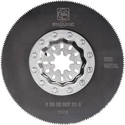 A circular saw blade with metal teeth, compatible with multitools, marked with 'Starlock' and 'HSS Metal', suitable for metal cutting.