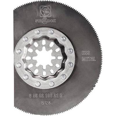 A circular saw blade with a serrated edge, central star-shaped mounting hole, and the inscription 'HSS METAL' for metalworking.