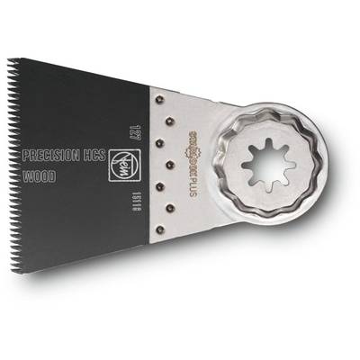 A oscillating saw blade with the inscription 'Precision HCS Wood'. Ideal for precise sawing of wood material, star-hole fixing.