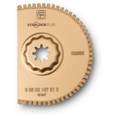 Fine saw blade with Starlock Plus attachment, branded, suitable for fine cuts in wood and metal, light golden.