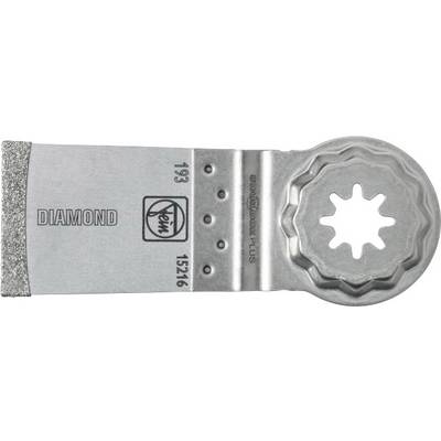 A oscillating saw blade with a circular mount and diamond-coated cutting edge, suitable for materials such as tiles.