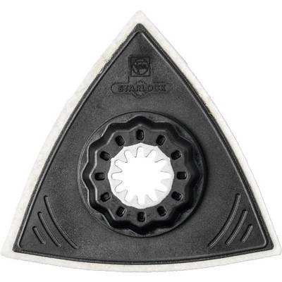 Triangular sanding pad with a grey surface and black plastic holder, suitable for multitools, with Starlock system mounting.
