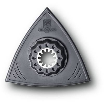 Triangular, serrated sanding tool with a central, grooved opening. Products by Starlock for multi-function tools.