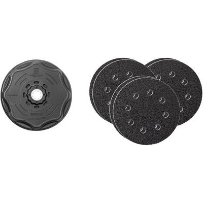Grinding plate and three grinding discs, each with holes for dust extraction, for use in grinding machines.