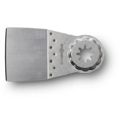 A silver saw blade with a star-shaped mount, with 'STARLOCK PLUS' written on it. Measurements and arrows are engraved on the left side.