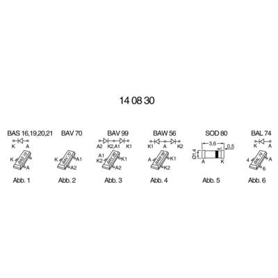 Circuit diagram with labels and illustrations for electronic components: BAS, BAV, BAW, SOD, BAL. Respective symbol diagrams underneath.