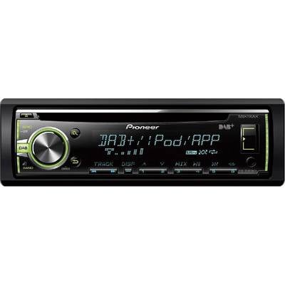 Car radio display shows 'DAB+ | iPod | APP', volume control on the left, buttons for station selection and mode. Brand at the top: Pioneer.