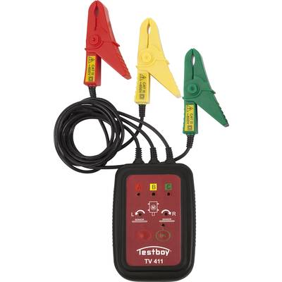 An electrical testing device with three coloured cables: red, yellow, and green. Each terminal is suitable for connection to a vehicle.