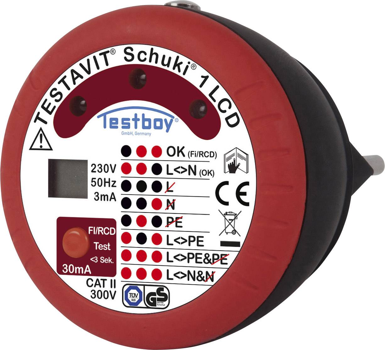 Testboy Testavit Schuki 1 LCD Mains outlet tester CAT II 300 V LCD, LED