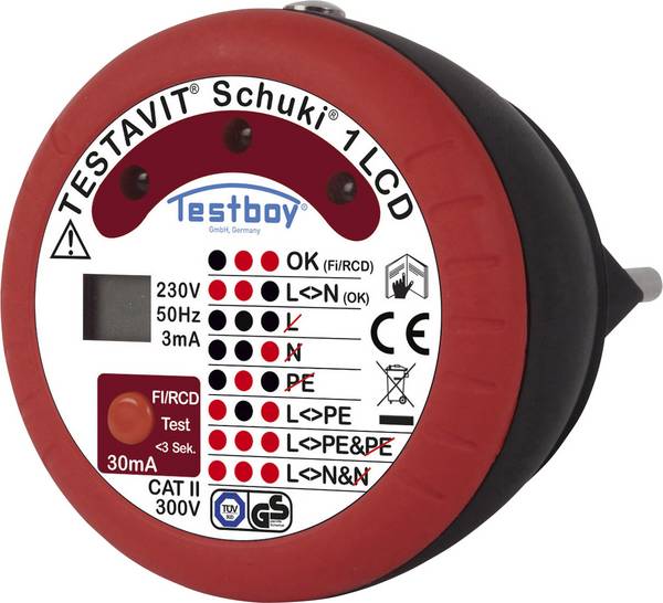 Testboy Testavit Schuki 1 LCD Mains outlet tester CAT II 300 V LCD, LED