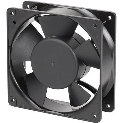 A black computer fan in a square housing with five blades, shown from a side view.