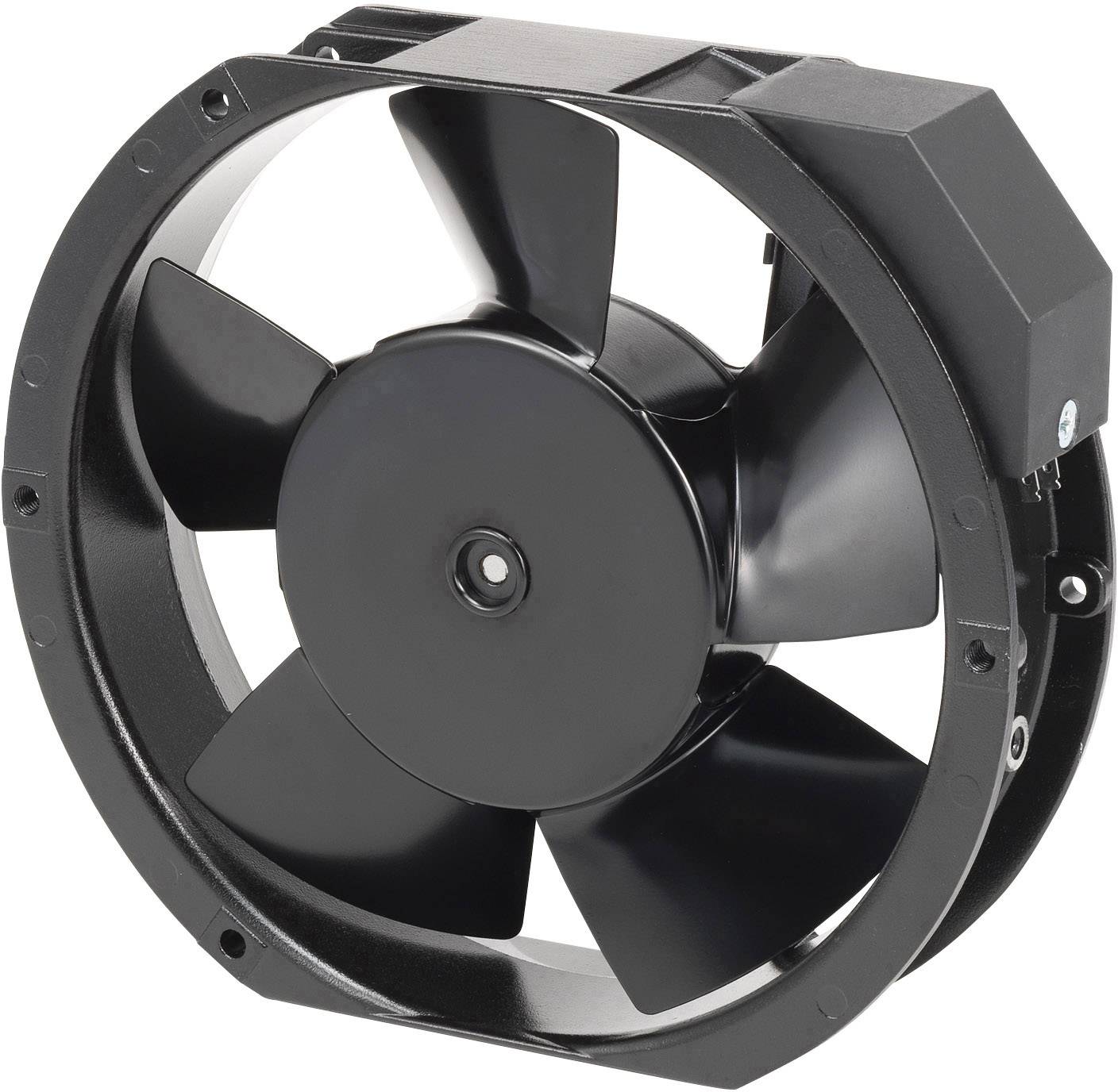 Black fan with five blades and a rectangular housing. Used in cooling or ventilation systems.