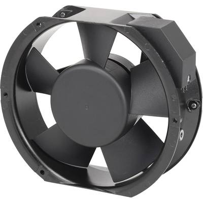 A black axial fan with four blades, used for cooling or ventilation in technical equipment.
