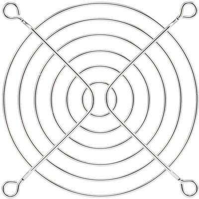 A round, silver metal trivet with concentric circles and four loops at the corners.