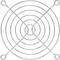A round, silver metal trivet with concentric circles and four loops at the corners.