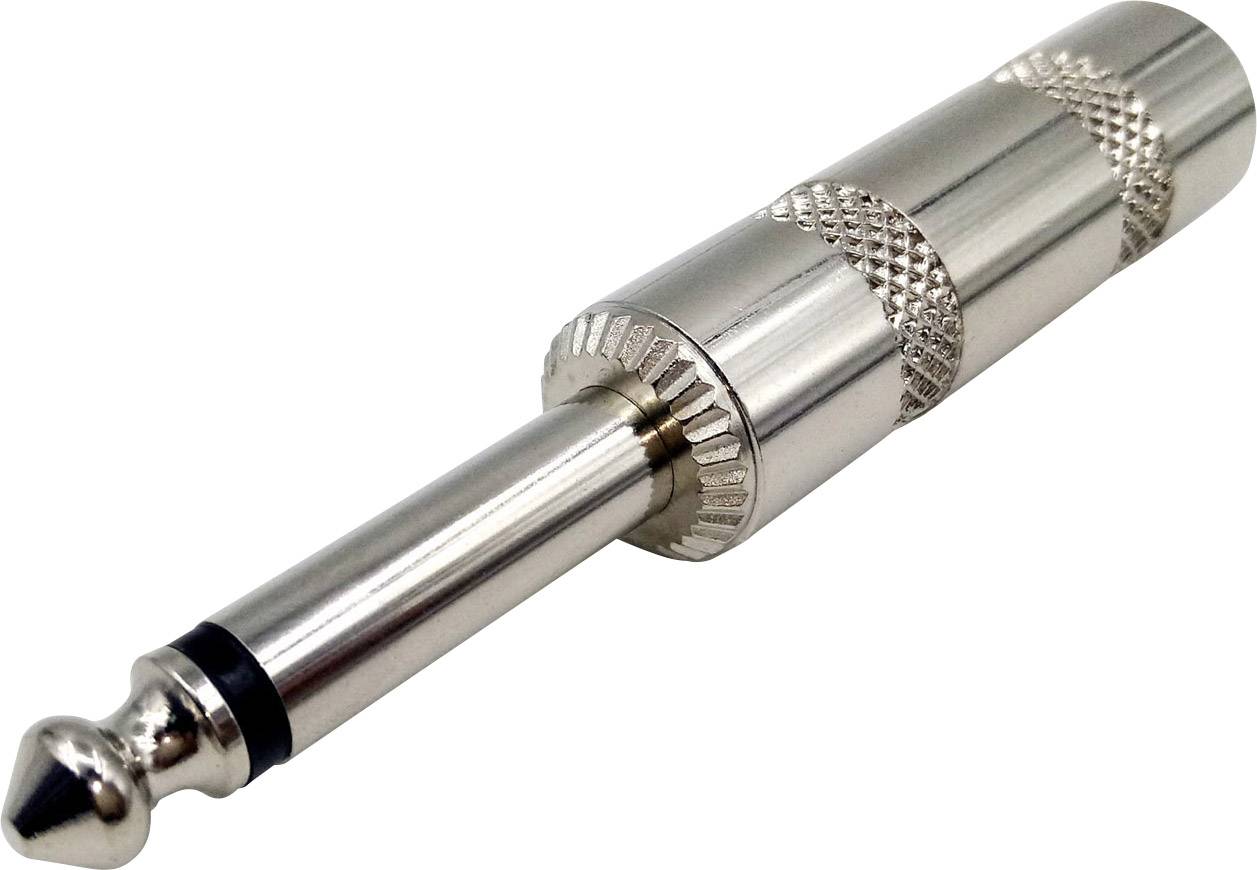 A silver 6.35 mm jack plug with a textured grip, commonly used for professional audio applications.