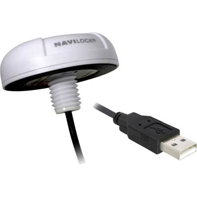 A white Navilock GPS receiver with a USB port shows a mass base for signal stability. Cable connects the receiver and USB plug.