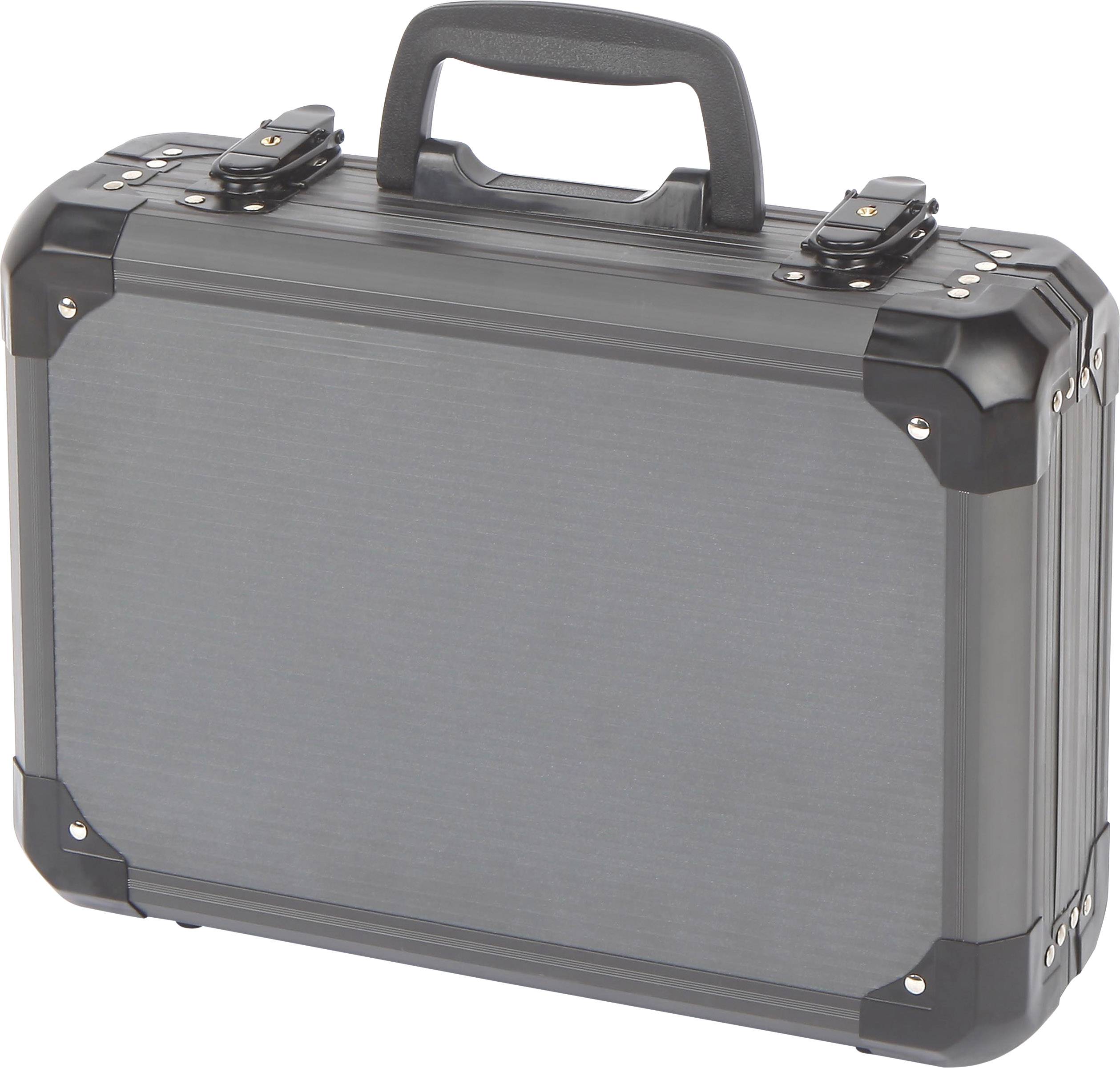 A grey briefcase with a black handle and reinforced corners, closed and placed on a white surface.
