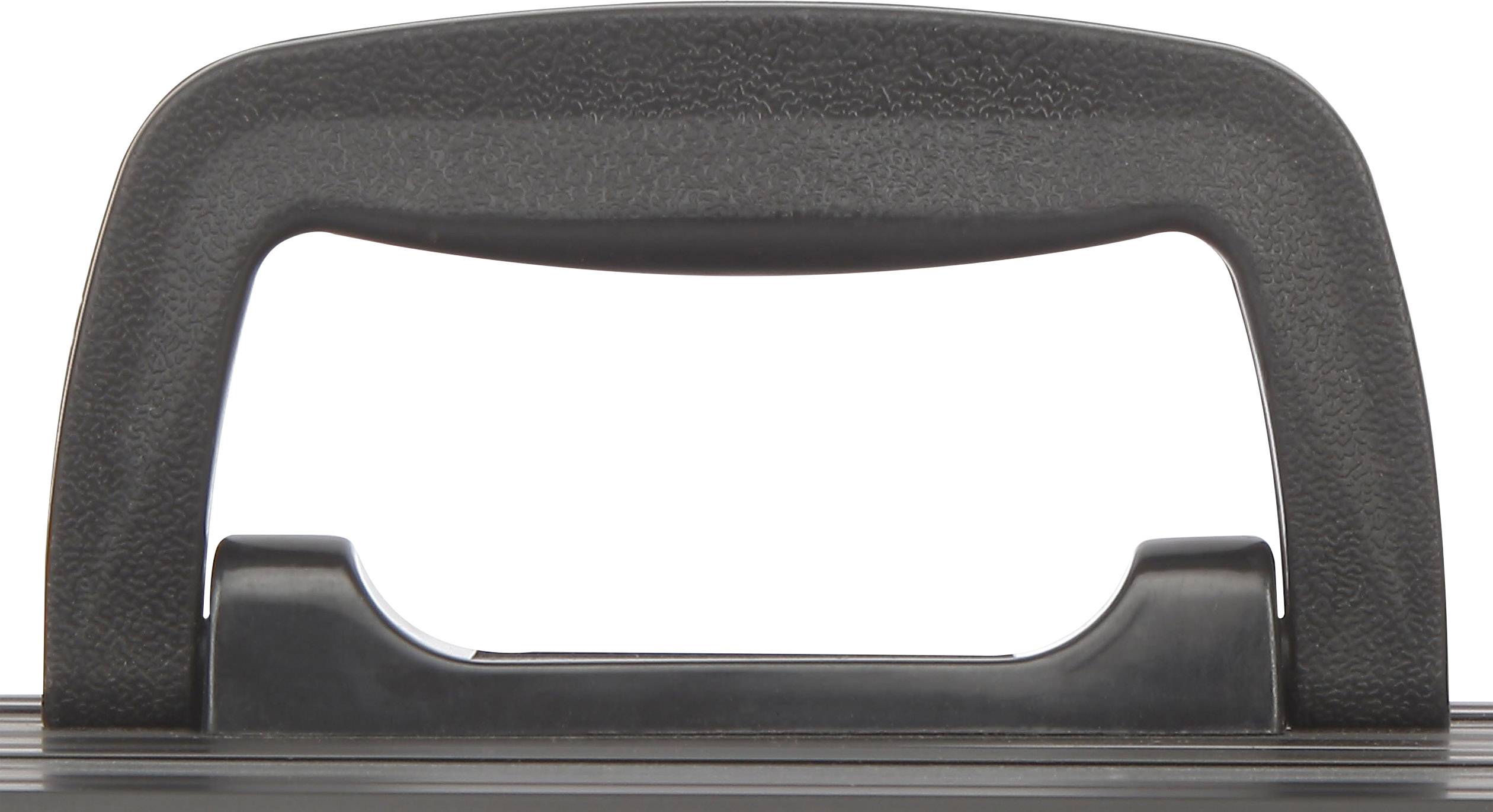 A black carrying handle of a suitcase or device that appears robust and ensures secure grip.