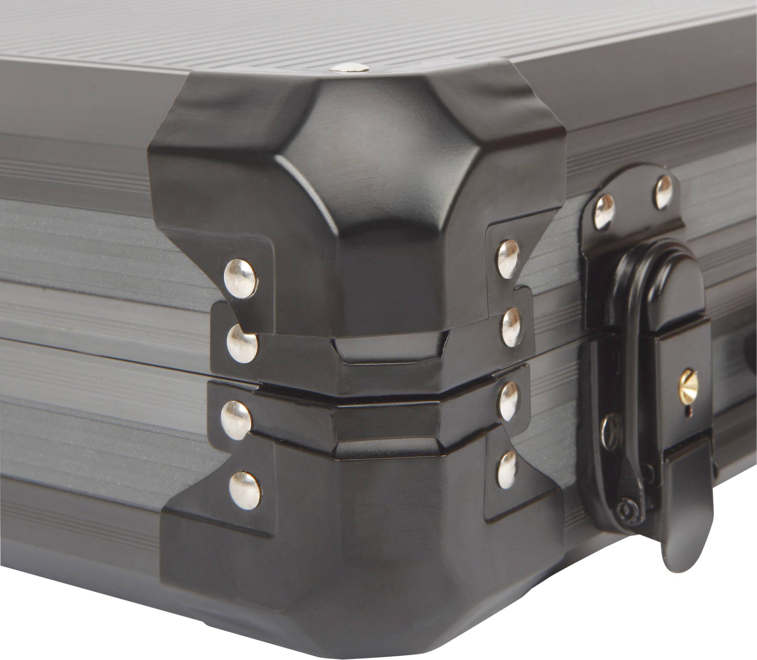 Close-up of a black metal cash box corner with rivets and hinges, emphasising robustness and durability.