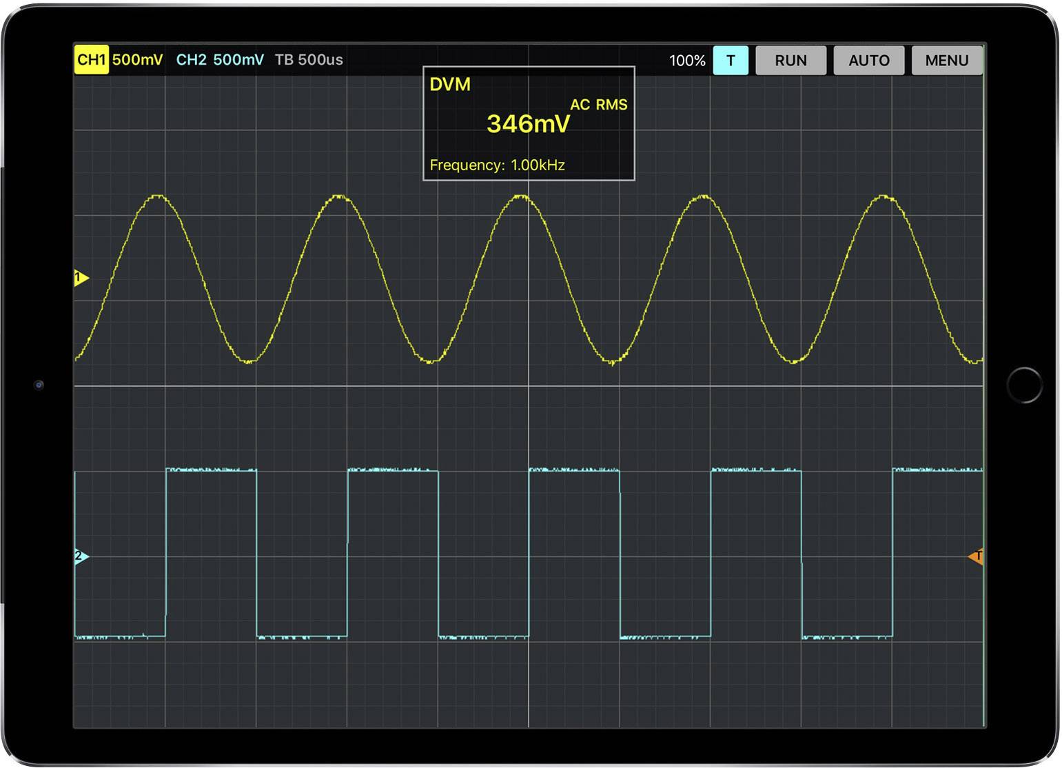Oscilloscope screen shows two waveforms. The upper is a sine wave, the lower a square wave. Text: 'DVM 346mV AC RMS'.