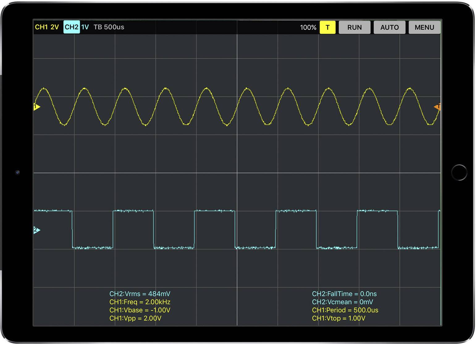 'Oscilloscope display shows two signals: upper with sinusoidal wave, lower as square wave. CH1 details bottom right.'