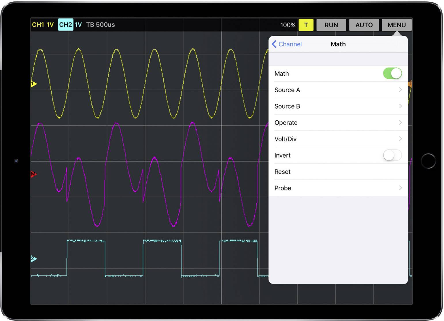 An oscilloscope screen displays two waveforms in yellow and purple with a menu for mathematical functions on the right.