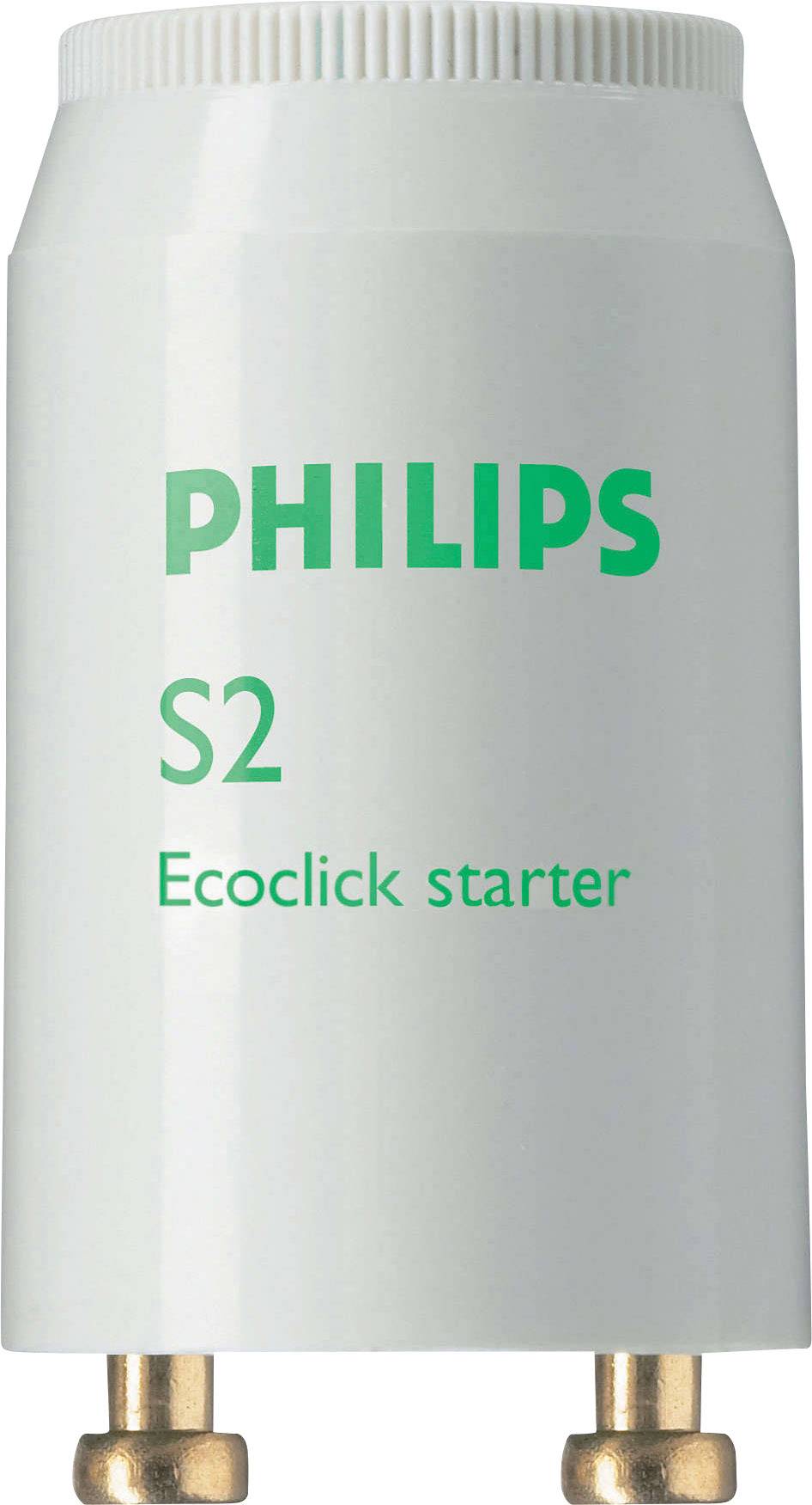 'Philips S2 Ecoclick Starter' printed on a cylindrical, white device. Serves as an electrical starter for fluorescent lamps.