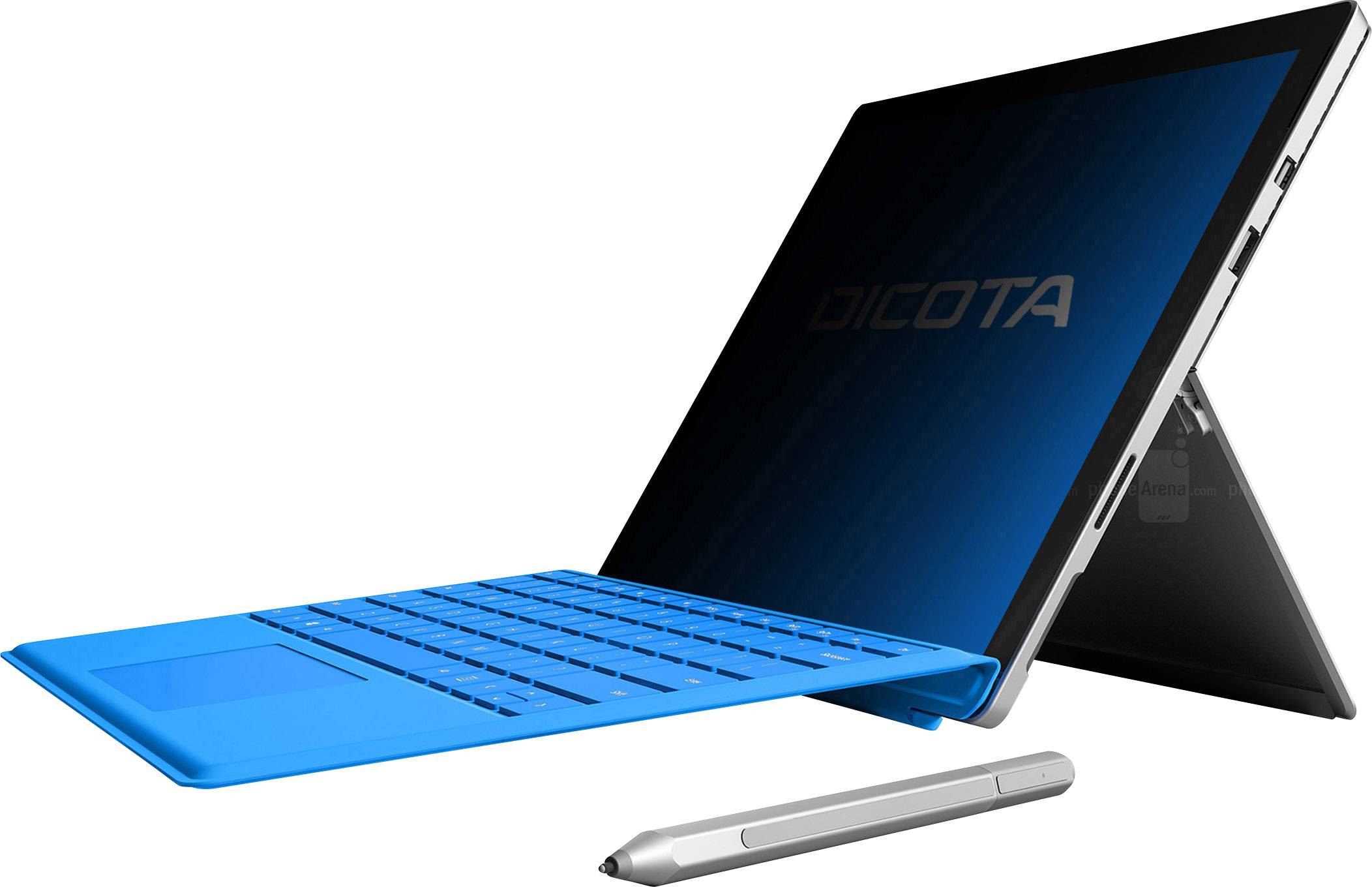 A tablet with a detachable blue keyboard cover and a stylus lies beside it. It stands upright through an integrated stand.