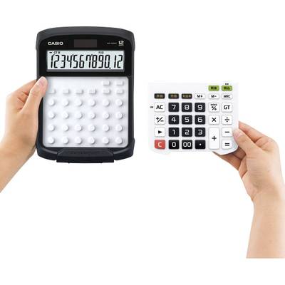 Two calculators in hands: on the left a black one with large buttons, on the right a white one with classic digital buttons.
