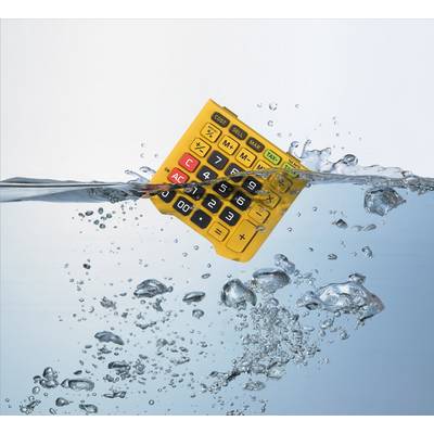 A yellow calculator floats at an angle in the water, surrounded by rising bubbles.