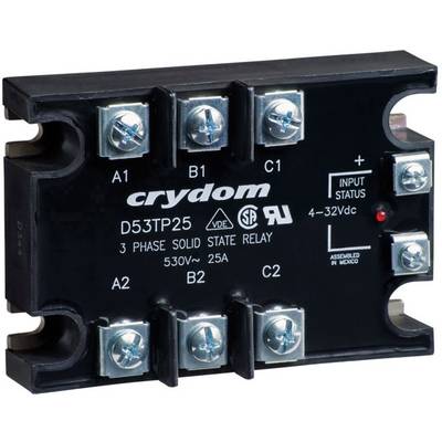 Solid-state relays with 'crydom' label on the top side, three inputs and three outputs marked with A1, B1, C1, A2, B2, C2.