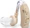 Hearing aid with volume control and transparent earpiece, side view, showing adjustment wheel and battery compartment.