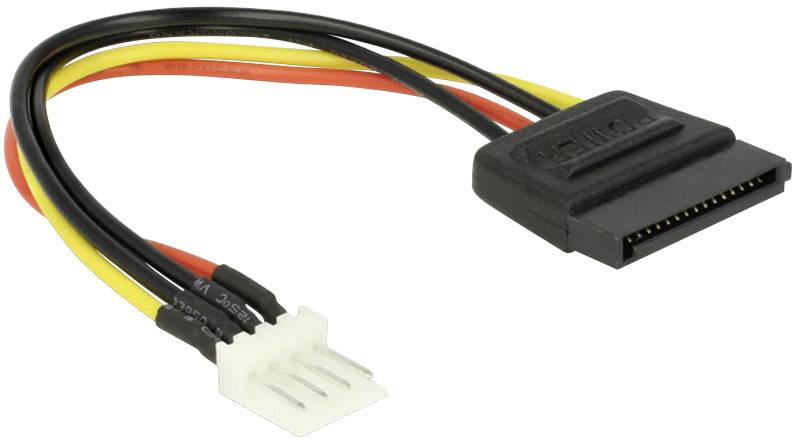 A SATA power adapter cable with a black SATA connector and white Molex connector, used for connecting between power supply and hard drives.