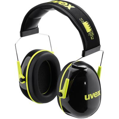 Black ear defenders with yellow accents by Uvex, suitable for noisy environments.