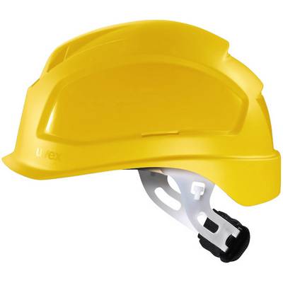 Yellow safety helmet with adjustable internal headband, side ventilation and ergonomic design for workplace protection use.