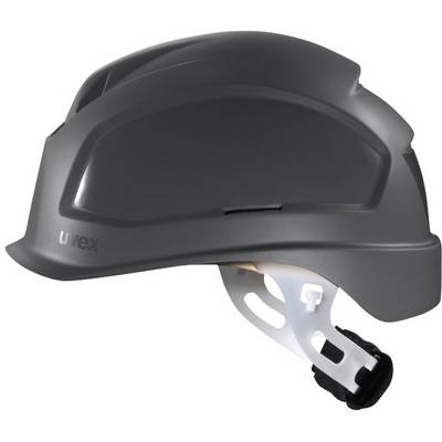 Black and grey protective helmet shown from the side; robust design with white, adjustable straps.