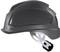 Black and grey protective helmet shown from the side; robust design with white, adjustable straps.
