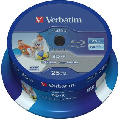 Spindle of 25 Verbatim BD-R Discs, 25 GB capacity, printable, 6x speed. Also includes the Verbatim logo.