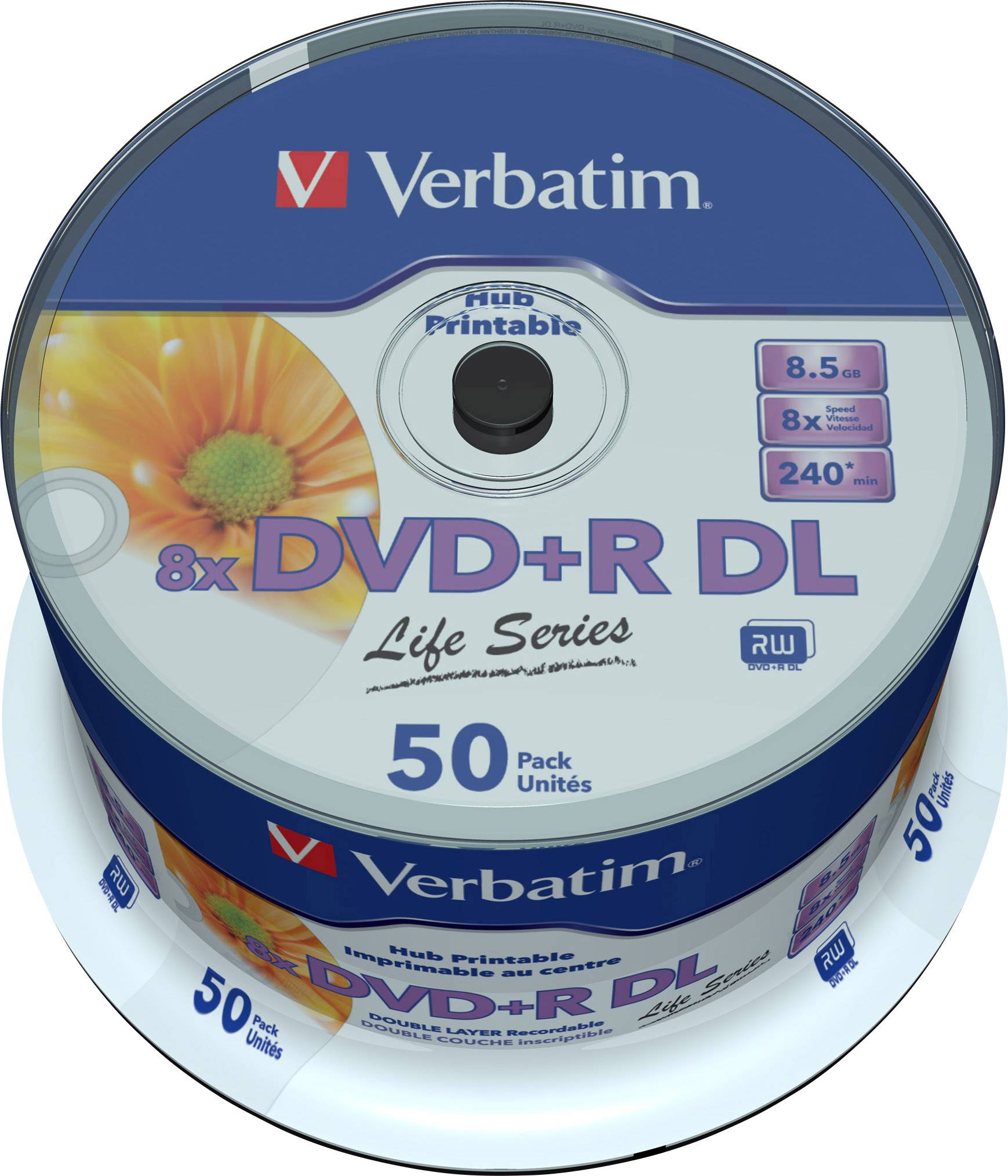 Verbatim 97693 Blank DVD R DL 8 5 GB 50 Pc s Spindle Printable 