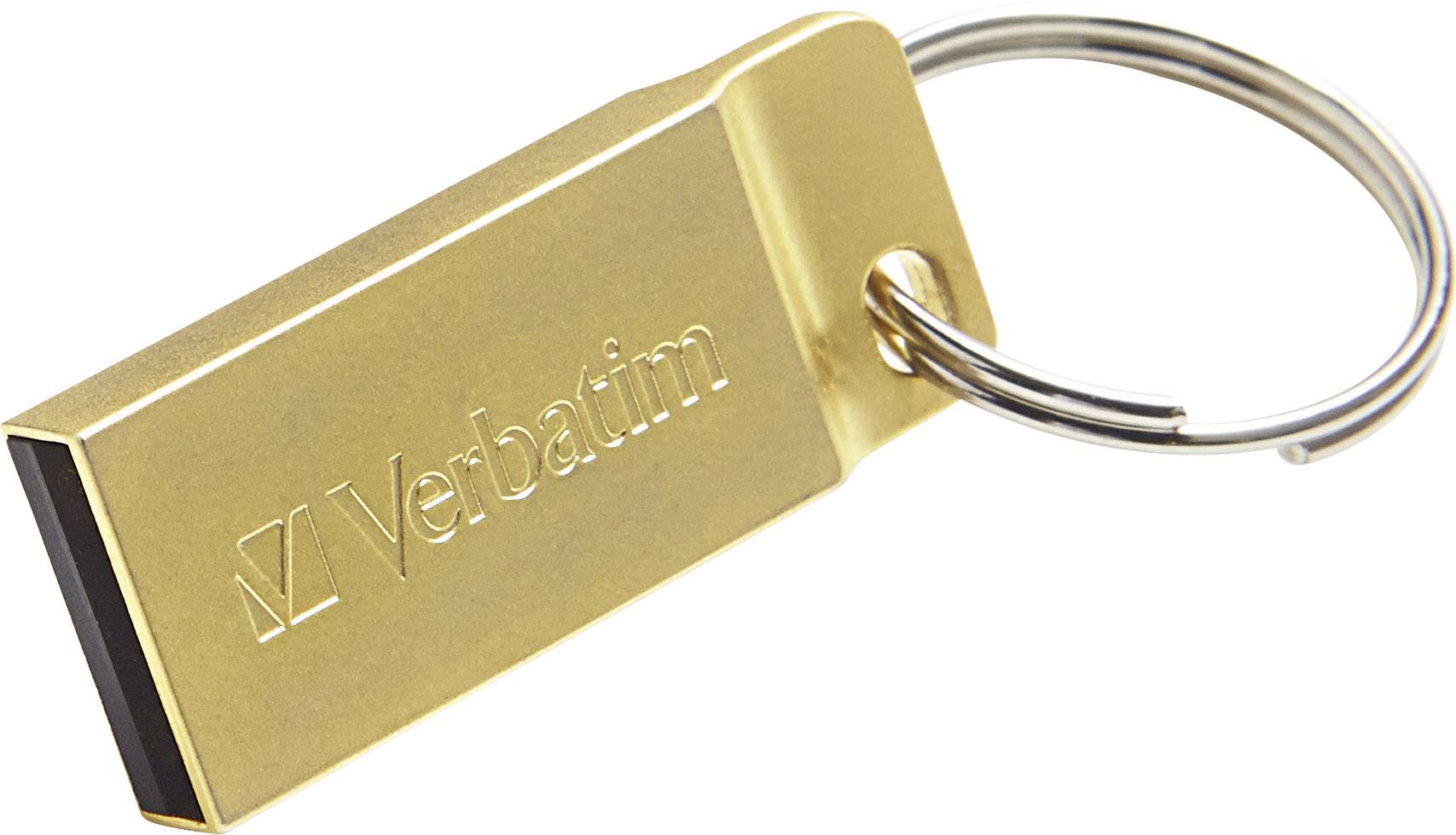 A golden USB drive by Verbatim with a keyring.