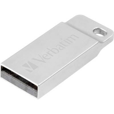 Silver USB stick with 'Verbatim' logo, compact design, rectangular shape with keychain loop.
